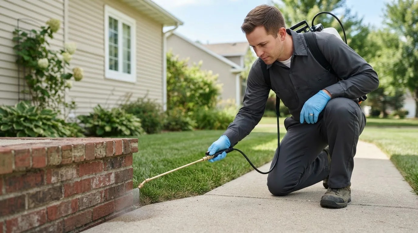 Pest control technician treating a home near Avon, IN