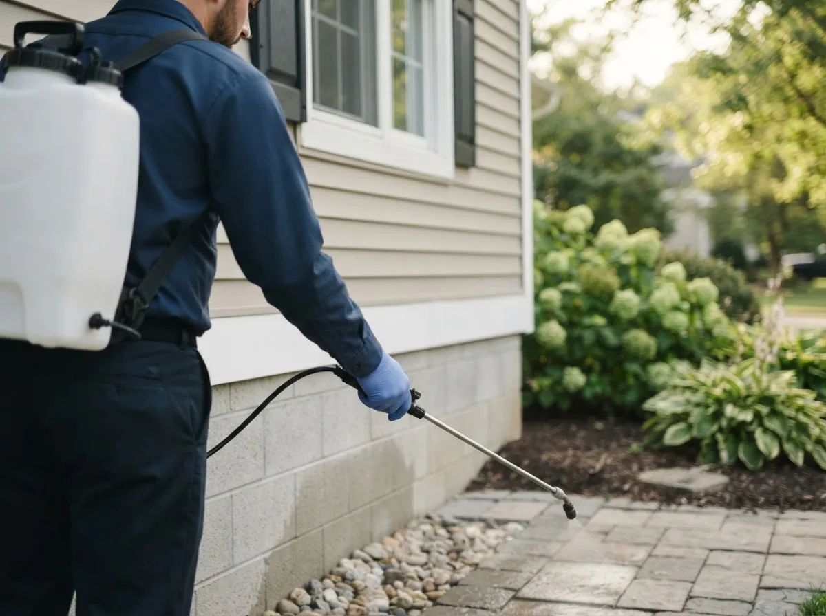Pest control technician inspecting a home in Avon, IN